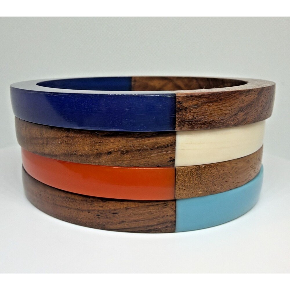 Mod Retro Wood & Resin Bangle Bracelets Stackable Mid-Century Style Set of 4